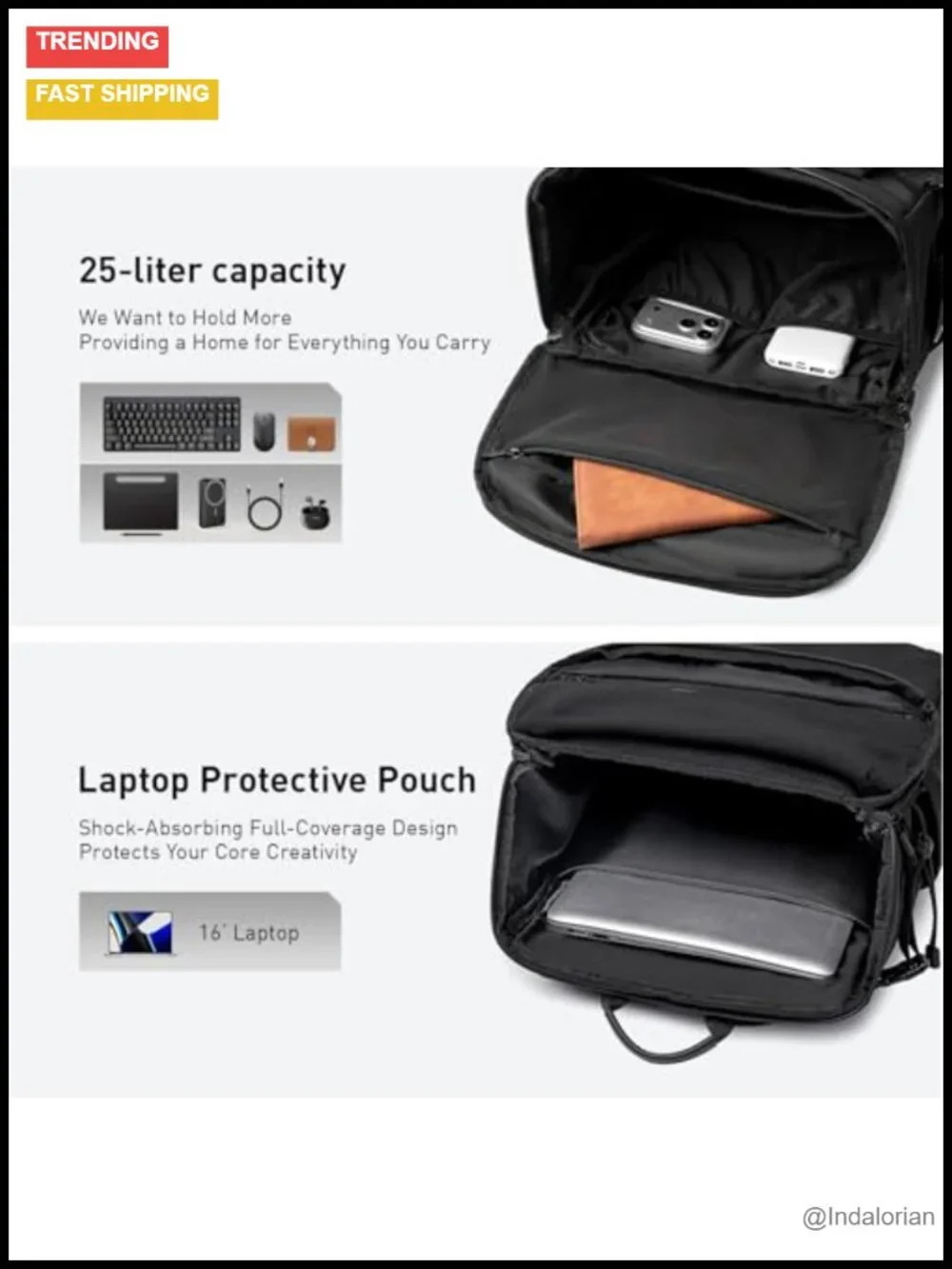 25L Water-Resistant Ripstop Nylon Travel Backpack for Men, Laptop Daypack